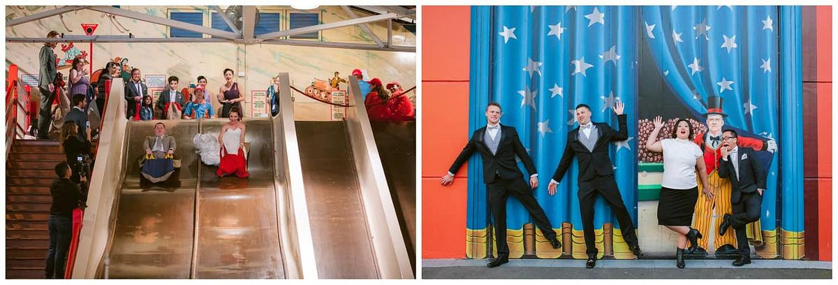 Playful wedding photography capturing the bridal party’s energy and joy at Luna Park Sydney.