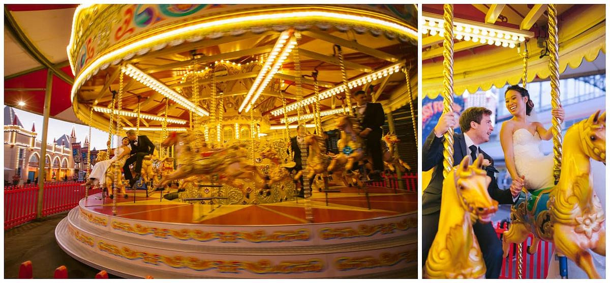 The bridal party is enjoying their carousel rides at Luna Park Sydney.