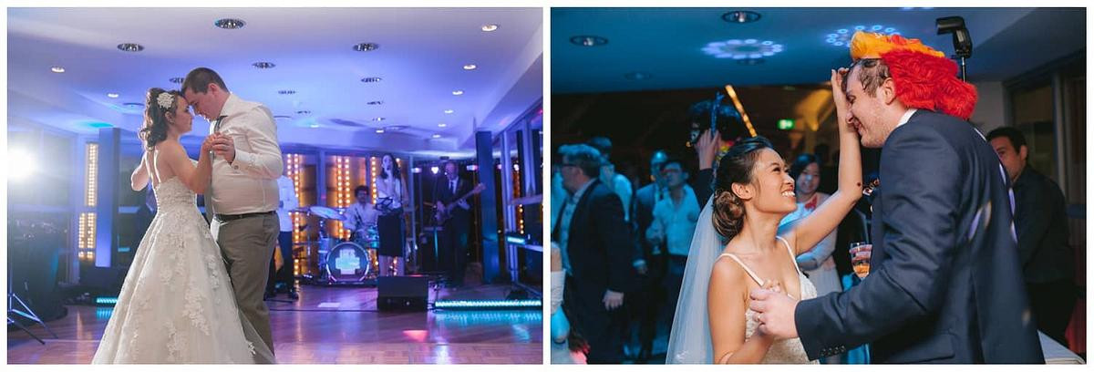 Bridal party leading the crowd in a fun group dance at Luna Park Sydney.