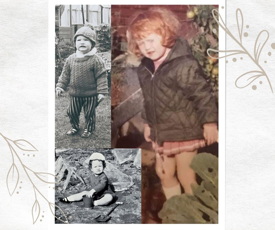 Exploring the muddy garden and vegetable patch in all weathers, not happy to be disturbed for yet another photo! 1970's.